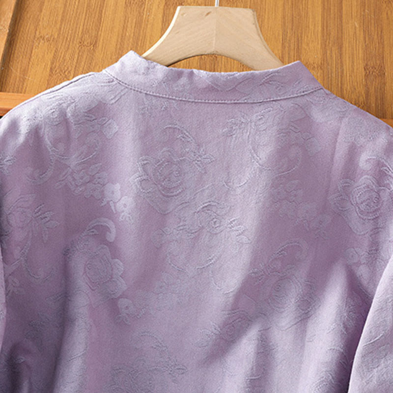 Camisa de algodón para mujer, manga larga, cuello alto, botones de rana y estampado floral de jacquard de Buddha Stones - image 11