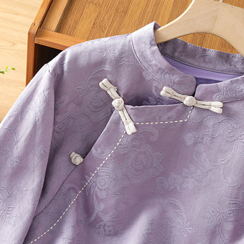 Camisa de algodón para mujer, manga larga, cuello alto, botones de rana y estampado floral de jacquard de Buddha Stones - image 12