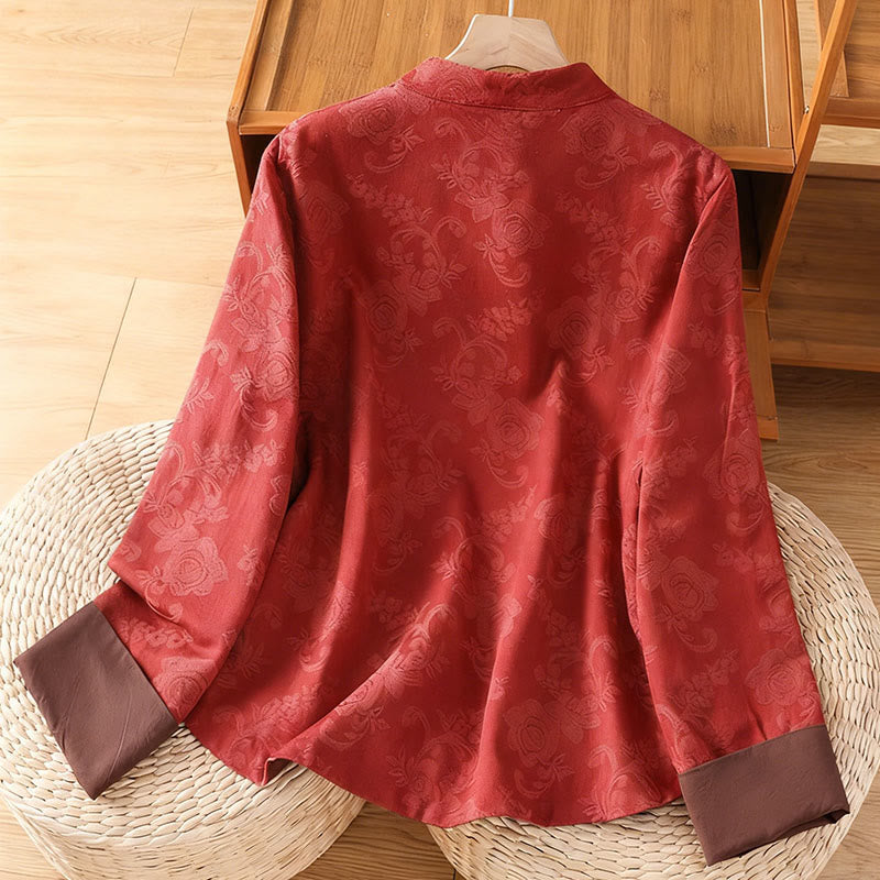 Camisa de algodón para mujer, manga larga, cuello alto, botones de rana y estampado floral de jacquard de Buddha Stones - image 1