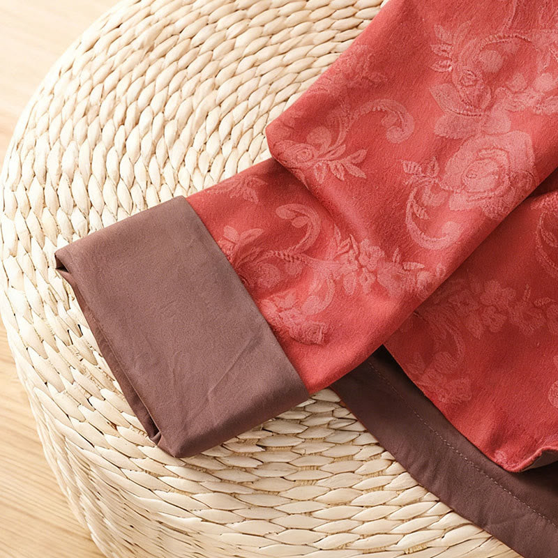 Camisa de algodón para mujer, manga larga, cuello alto, botones de rana y estampado floral de jacquard de Buddha Stones - image 6