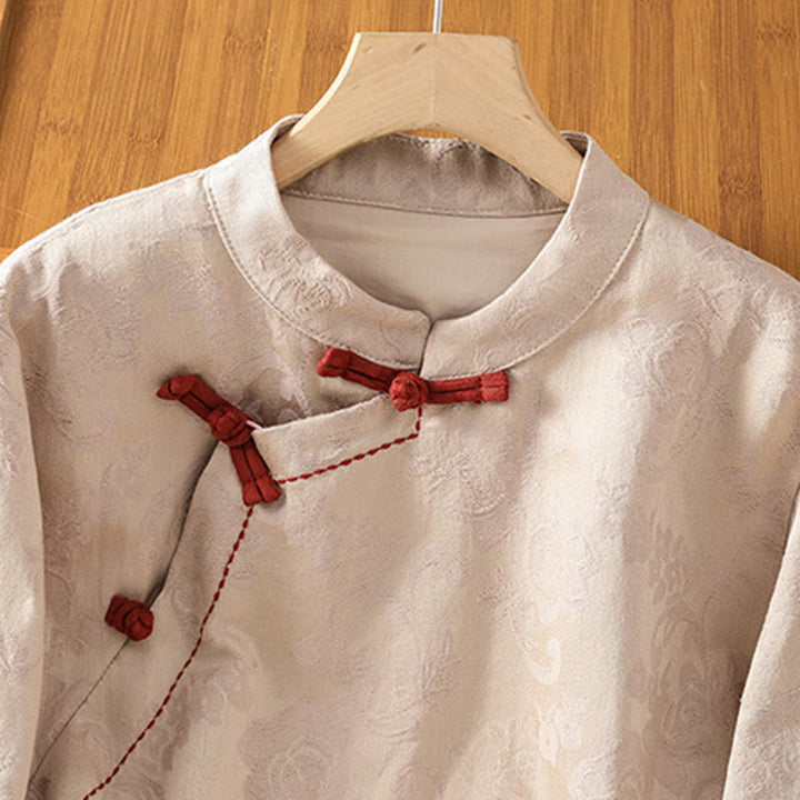 Camisa de algodón para mujer, manga larga, cuello alto, botones de rana y estampado floral de jacquard de Buddha Stones - image 19