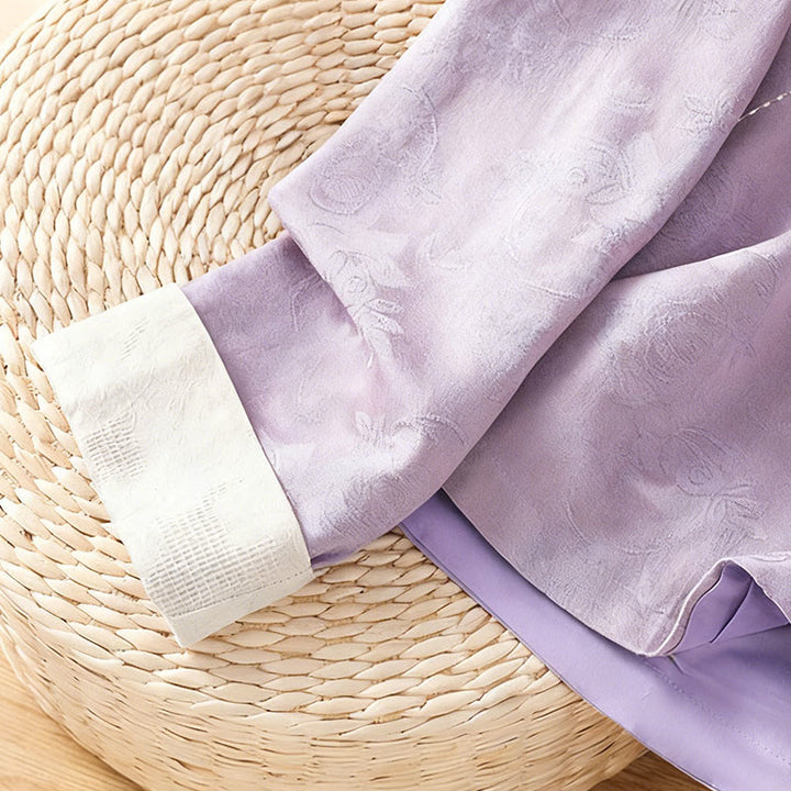 Camisa de algodón para mujer, manga larga, cuello alto, botones de rana y estampado floral de jacquard de Buddha Stones - image 14