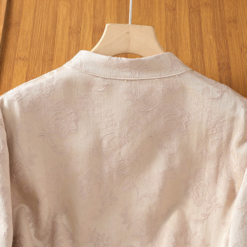 Camisa de algodón para mujer, manga larga, cuello alto, botones de rana y estampado floral de jacquard de Buddha Stones - image 20