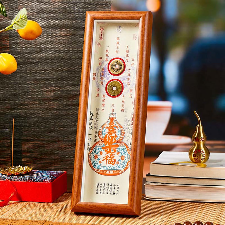 Marco de fotos con monedas de cobre y calabaza con carácter Fu de Buddha Stones, adorno para decoración del hogar - Estilo 1 - Tablero de fibra de densidad media (9 x 30 x 4 cm) - image 0