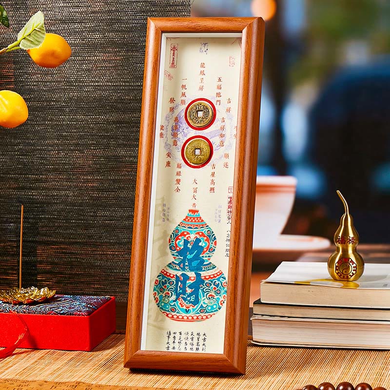 Marco de fotos con monedas de cobre y calabaza con carácter Fu de Buddha Stones, adorno para decoración del hogar - Estilo3 - Tablero de fibra de densidad media (9 x 30 x 4 cm) - image 5