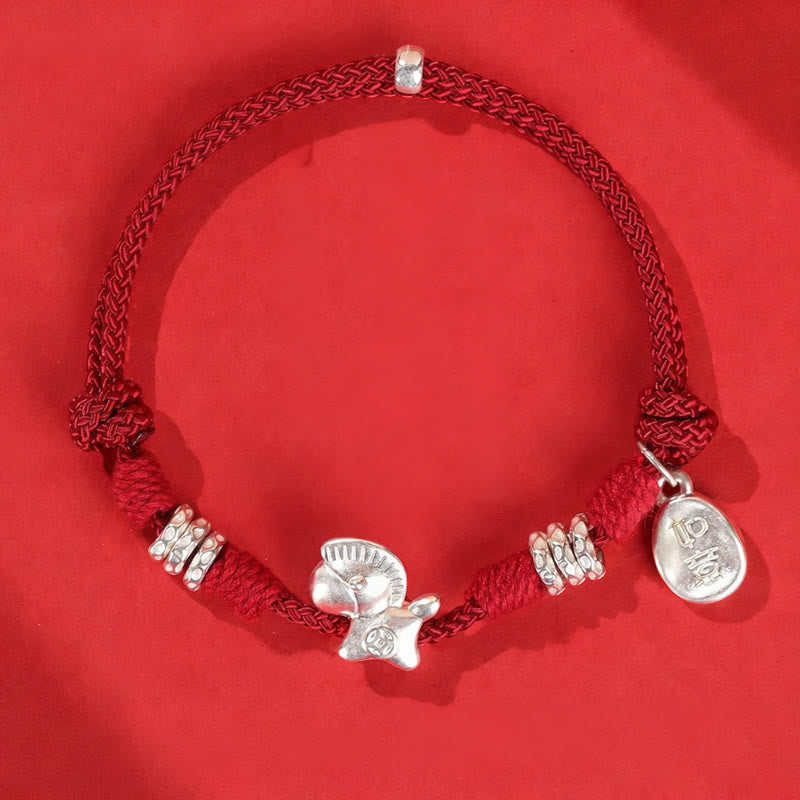 Pulsera de hilo con Buddha Stones en plata de ley 999 y el Año del Caballo de la Libertad - Cuerda roja oscura (circunferencia de la muñeca: 14-21 cm) - image 1