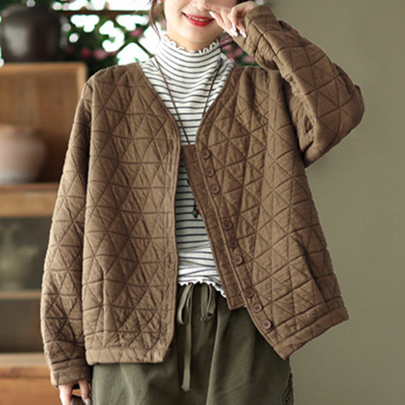 Chaqueta térmica de algodón de manga larga con estampado de rombos para mujer, con bolsillos, de Buddha Stones - image 2