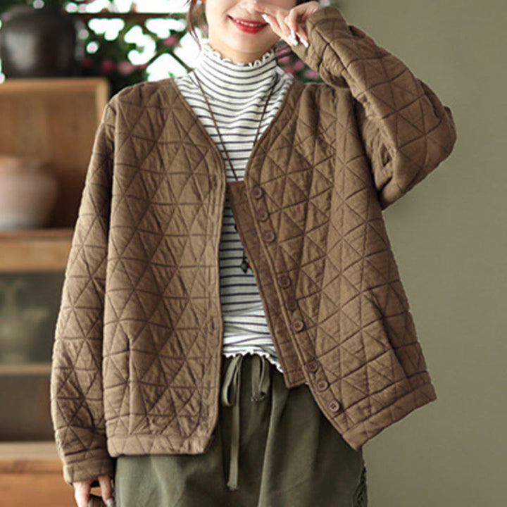 Chaqueta térmica de algodón de manga larga con estampado de rombos para mujer, con bolsillos, de Buddha Stones - image 2