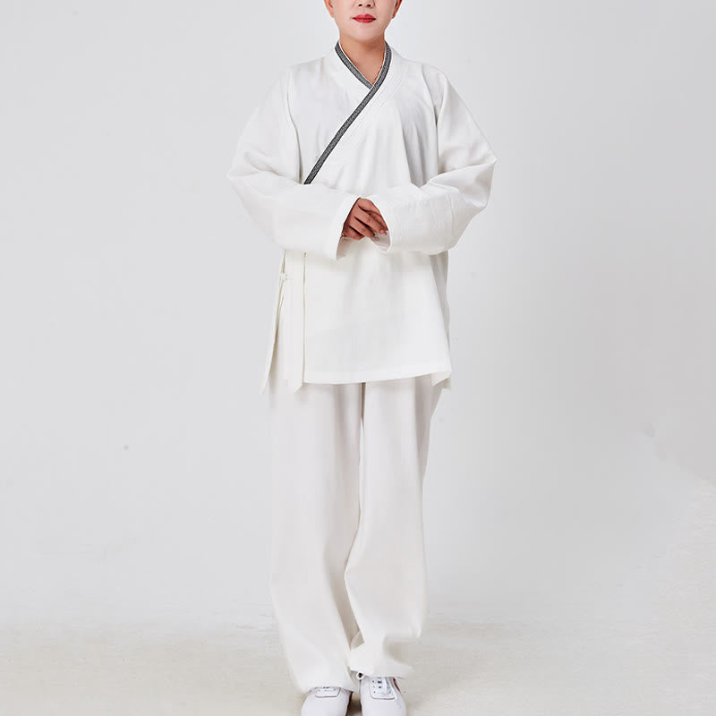 Bata taoísta unisex de lino de manga larga con botones de rana, kimono y pantalones, traje de ceremonia de Qigong, 2 piezas, con Buddha Stones , Wudang Fall - Blanco - 3XL- APTO PARA US./ UK/AU/ EU- XL - image 0