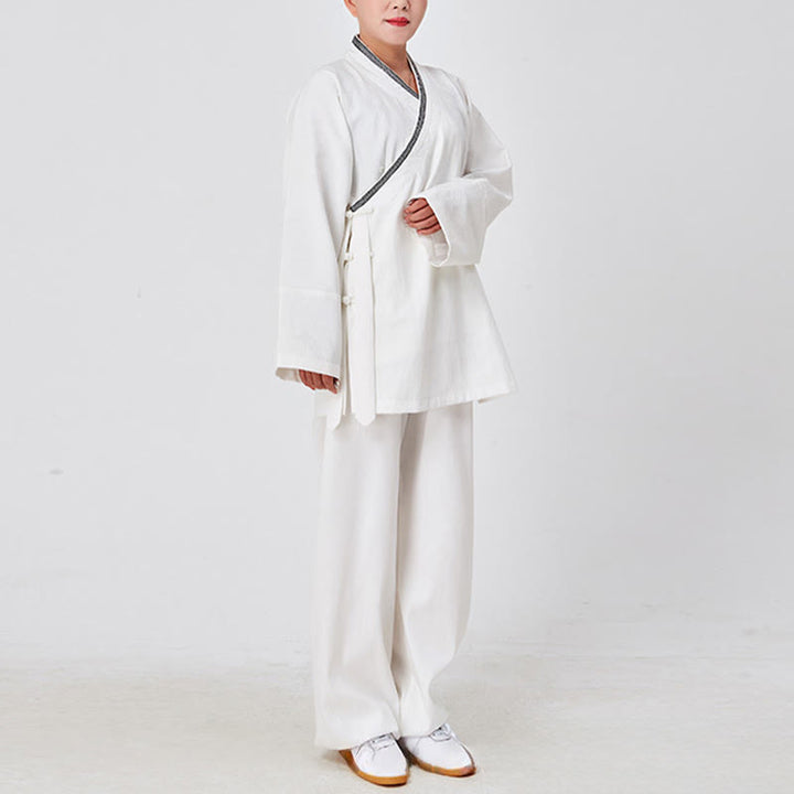 Bata taoísta unisex de lino de manga larga con botones de rana, kimono y pantalones, traje de ceremonia de Qigong, 2 piezas, con Buddha Stones , Wudang Fall - image 2