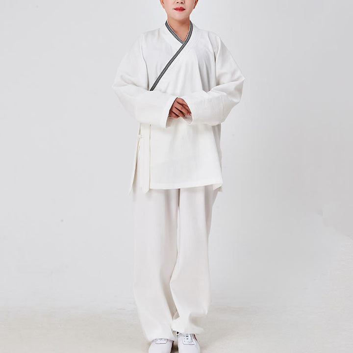 Bata taoísta unisex de lino de manga larga con botones de rana, kimono y pantalones, traje de ceremonia de Qigong, 2 piezas, con Buddha Stones , Wudang Fall - Blanco - 3XL - APTO PARA US. UK/AU - XL - image 0