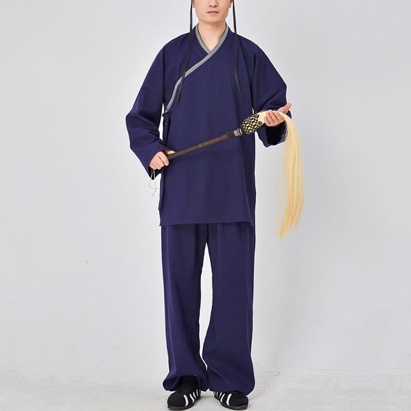 Bata taoísta unisex de lino de manga larga con botones de rana, kimono y pantalones, traje de ceremonia de Qigong, 2 piezas, con Buddha Stones , Wudang Fall - Azul acero - 3XL - APTO PARA US. UK/AU - XL - image 5