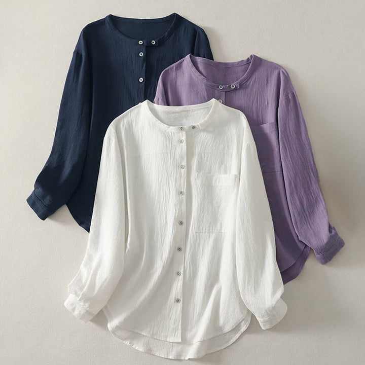 Camisa de poliéster de manga larga con cuello redondo y bolsillos para mujer con estampado de Buddha Stones Fall - image 0