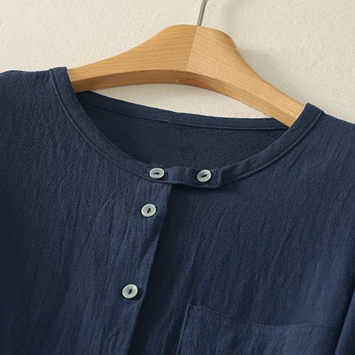 Camisa de poliéster de manga larga con cuello redondo y bolsillos para mujer con estampado de Buddha Stones Fall - image 2