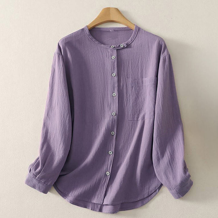 Camisa de poliéster de manga larga con cuello redondo y bolsillos para mujer con estampado de Buddha Stones Fall - Morado medio - US8-10，UK/AU12-14，EU40-42 (2XL) - image 6