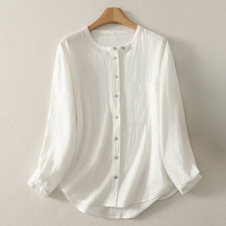 Camisa de poliéster de manga larga con cuello redondo y bolsillos para mujer con estampado de Buddha Stones Fall - Nieve - US8-10，UK/AU12-14，EU40-42 (2XL) - image 11