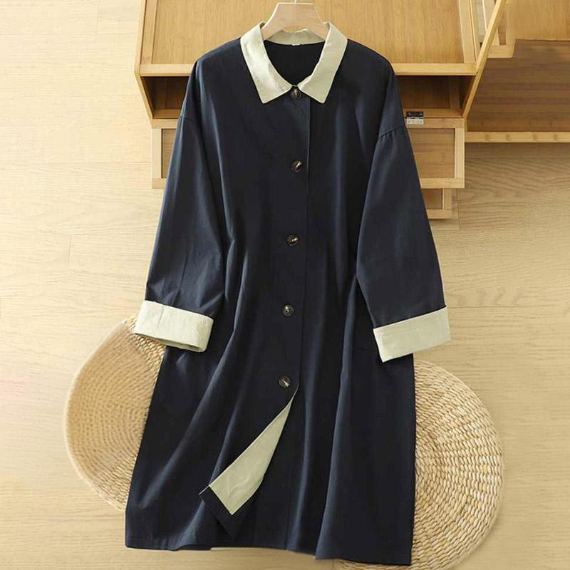 Abrigo de algodón de manga larga con bolsillos y botones de solapa con diseño patchwork para mujer con Buddha Stones - Azul medianoche - US12，UK/AU16，EU44 (XL) - image 11