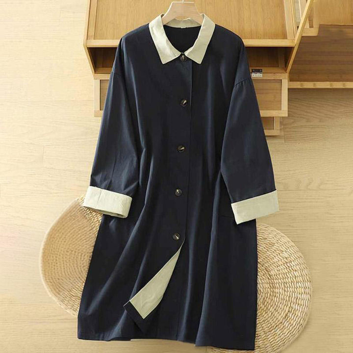 Abrigo de algodón de manga larga con bolsillos y botones de solapa con diseño patchwork para mujer con Buddha Stones - Azul medianoche - US12，UK/AU16，EU44 (XL) - image 11