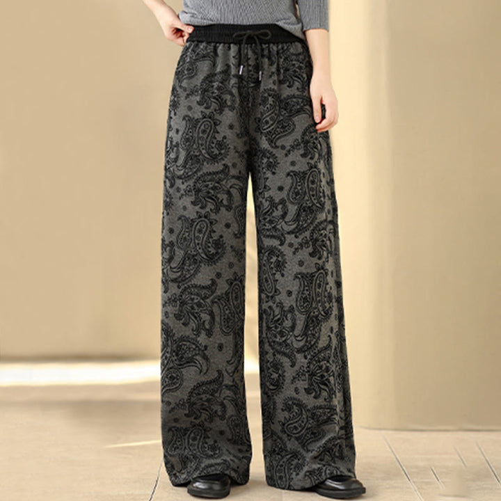 Pantalones de algodón con forro polar térmico, pernera ancha y bolsillos, estampado paisley jacquard con Buddha Stones para mujer - image 3