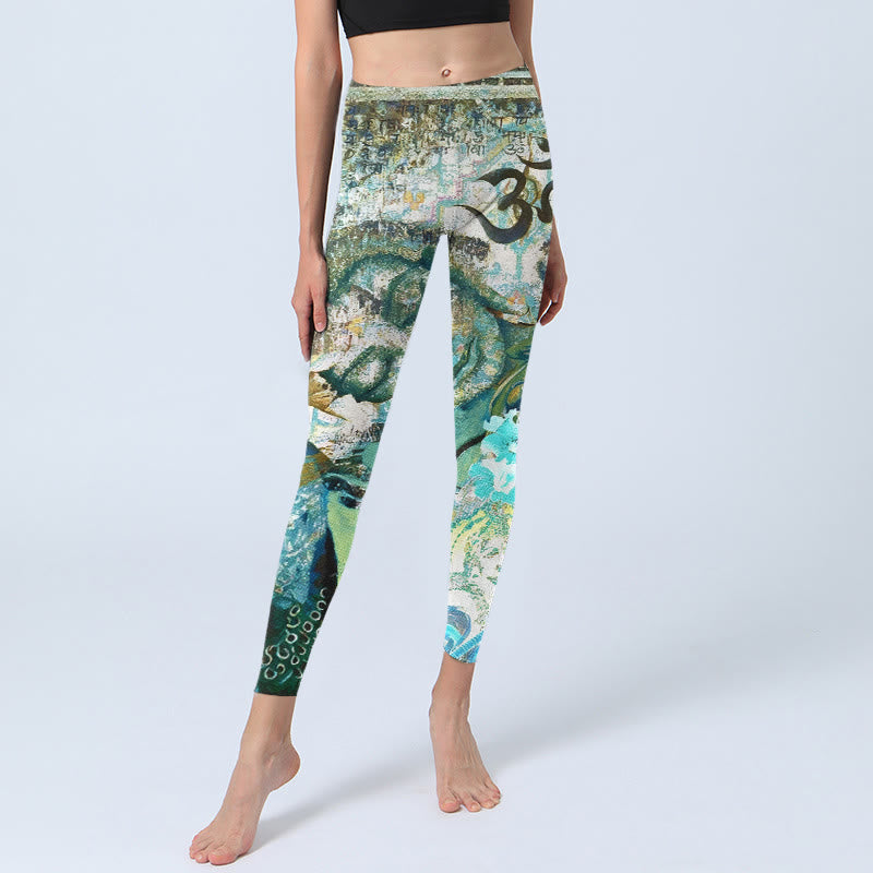 Leggings de yoga para mujer con estampado de pavo real, loto y Buddha Stones, símbolo Om, figura humana - image 5