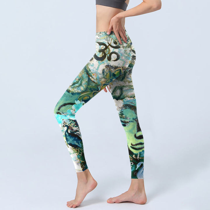 Leggings de yoga para mujer con estampado de pavo real, loto y Buddha Stones, símbolo Om, figura humana - image 2