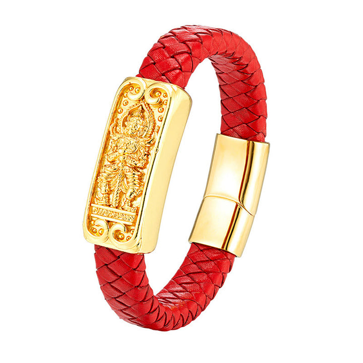 Pulsera reforzada de cuero, acero y titanio con símbolo de Buda y Buddha Stones de Buda - Rojo (circunferencia de la muñeca: 18-22 cm) - image 6
