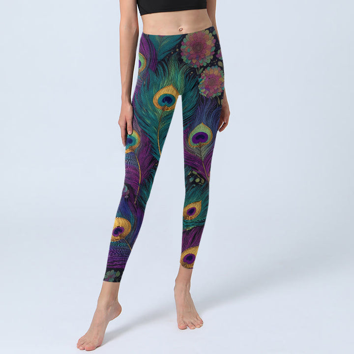 Leggings de yoga para mujer con estampado de flores y plumas de pavo real de Buddha Stones - image 5