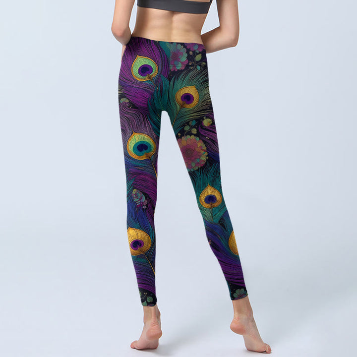 Leggings de yoga para mujer con estampado de flores y plumas de pavo real de Buddha Stones - image 6
