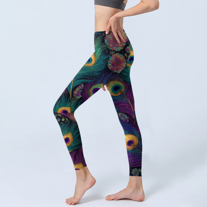 Leggings de yoga para mujer con estampado de flores y plumas de pavo real de Buddha Stones - image 2