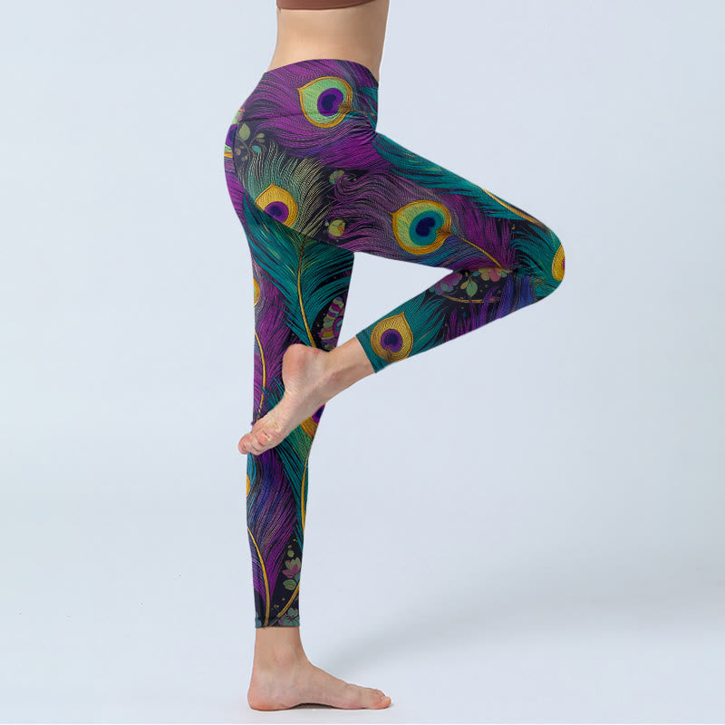 Leggings de yoga para mujer con estampado de flores y plumas de pavo real de Buddha Stones - image 4