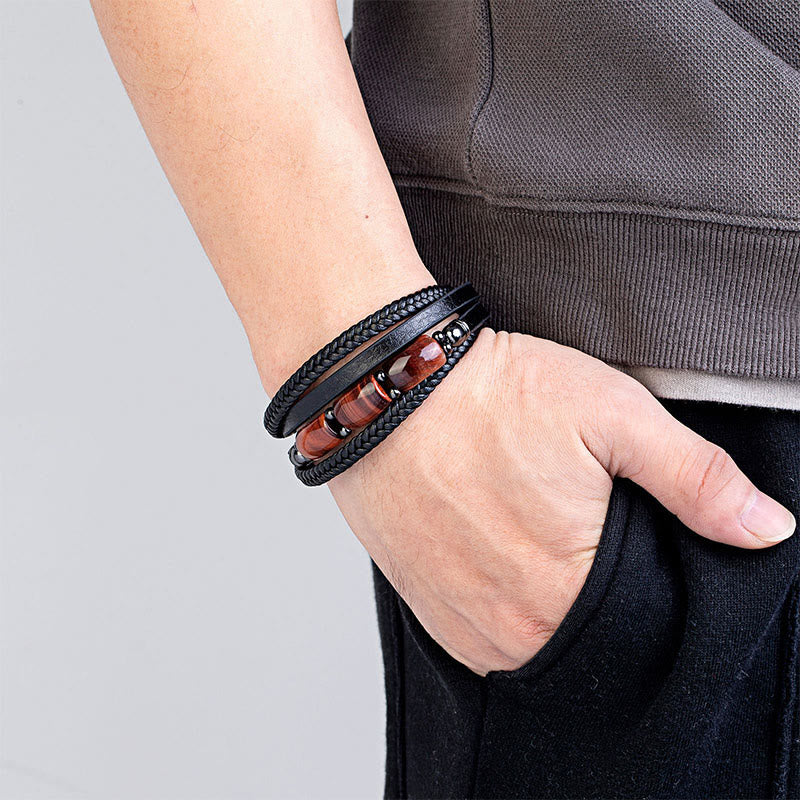 Pulsera de cuero reforzada con Buddha Stones, ojo de tigre natural, ojo de tigre verde y ojo de tigre rojo. - image 8