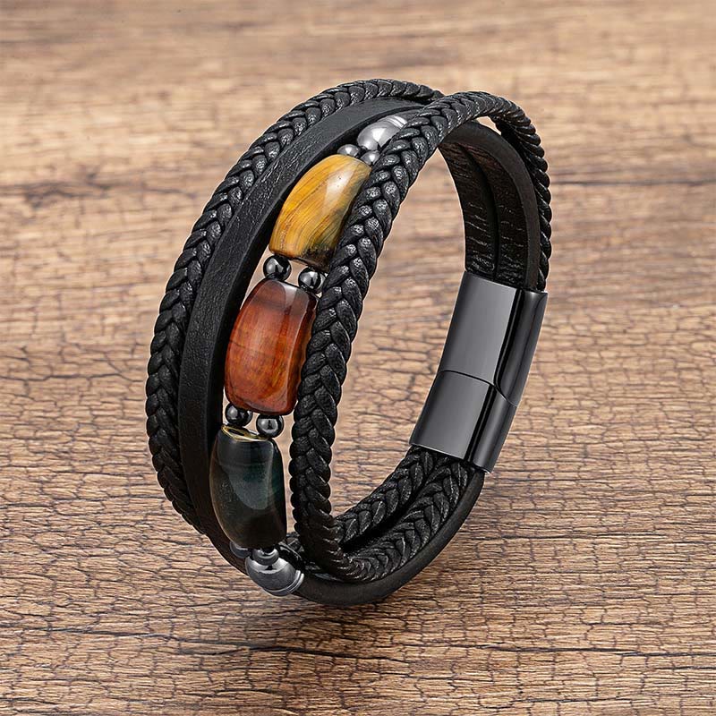 Pulsera de cuero reforzada con Buddha Stones, ojo de tigre natural, ojo de tigre verde y ojo de tigre rojo. - Tres colores de ojo de tigre - 18-22 cm - image 0