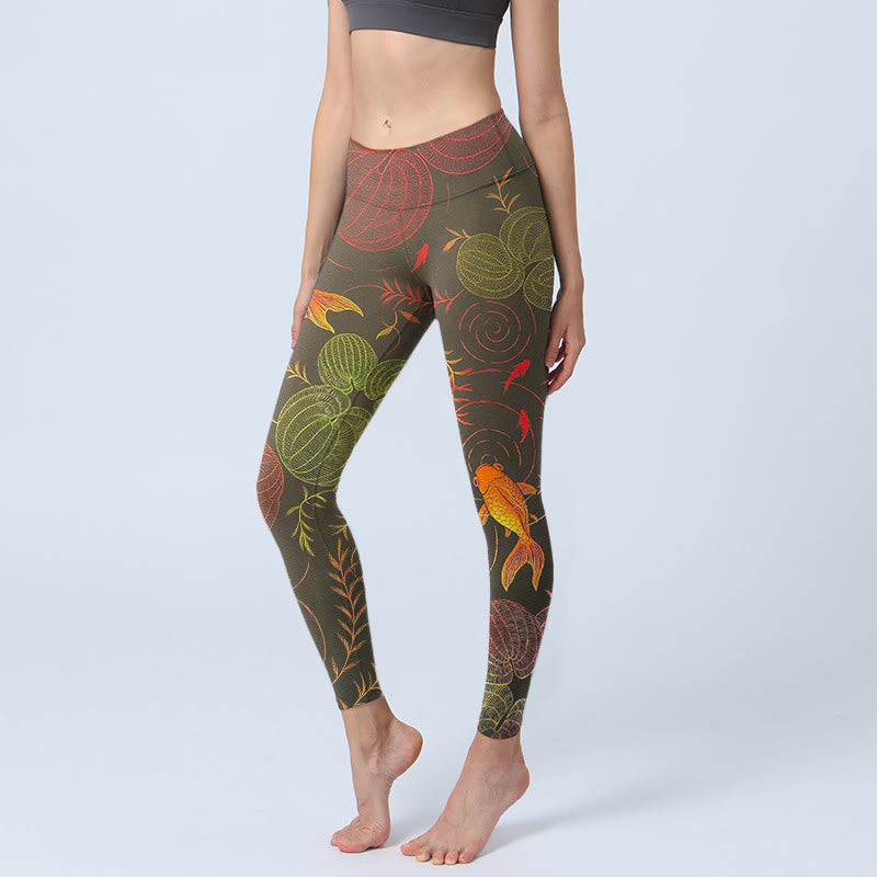 Leggings de yoga para mujer con estampado de plantas, peces koi coloridos y piedras de Buddha Stones - Verde oliva oscuro - US18，UK/AU22，EU50 (4XL) - image 0