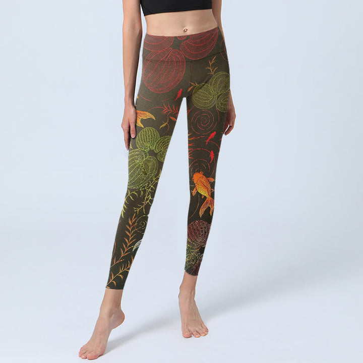 Leggings de yoga para mujer con estampado de plantas, peces koi coloridos y piedras de Buddha Stones - image 5