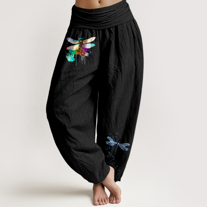 Pantalones Buddha Stones de algodón puro con estampado de libélula de ensueño para mujer con cintura elástica - Negro - US16，UK/AU20，EU48 (3XL) - image 0