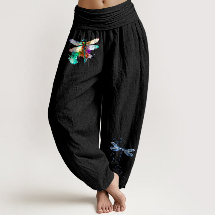 Pantalones Buddha Stones de algodón puro con estampado de libélula de ensueño para mujer con cintura elástica - Negro - US16，UK/AU20，EU48 (3XL) - image 0