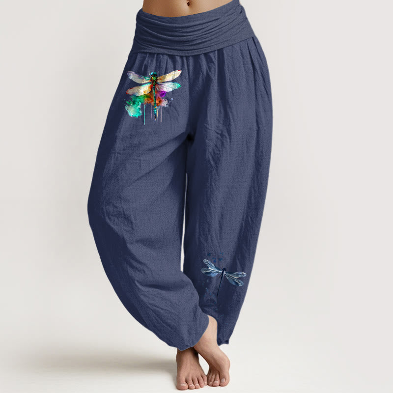 Pantalones Buddha Stones de algodón puro con estampado de libélula de ensueño para mujer con cintura elástica - Azul pizarra oscuro - US16，UK/AU20，EU48 (3XL) - image 5