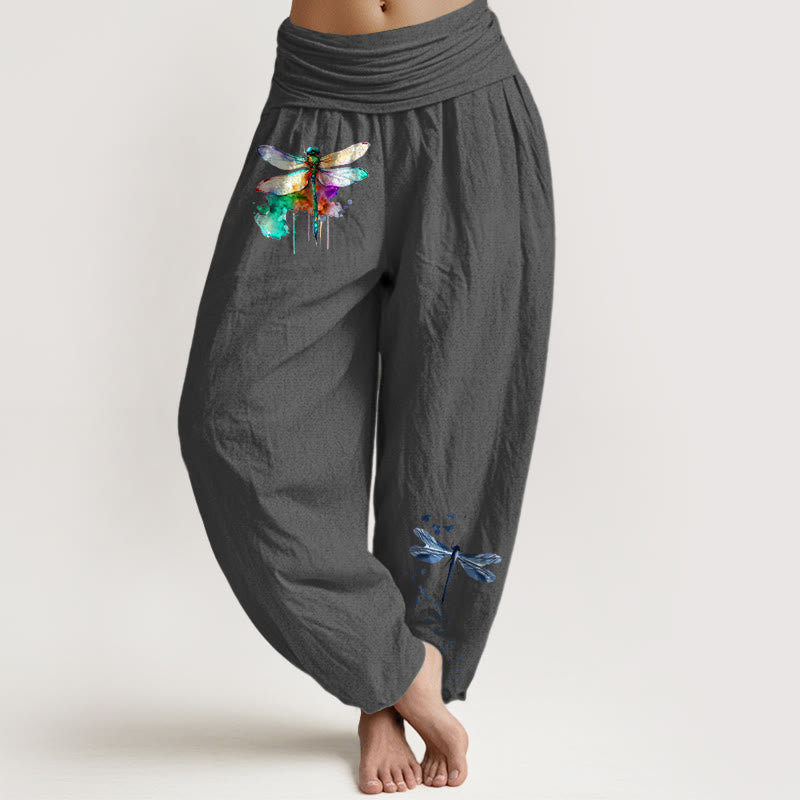 Pantalones Buddha Stones de algodón puro con estampado de libélula de ensueño para mujer con cintura elástica - Gris oscuro - US16，UK/AU20，EU48 (3XL) - image 8