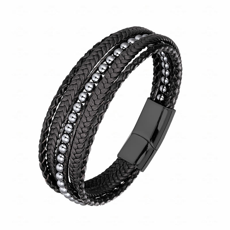 Pulsera de cuero reforzado con cuentas de amazonita, ágata india, hematita y Buddha Stones - Hebilla negra de hematita - 19-21 cm - image 0