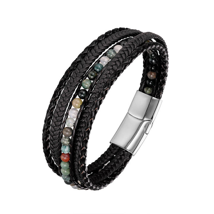 Pulsera de cuero reforzado con cuentas de amazonita, ágata india, hematita y Buddha Stones - Hebilla de plata con ágata india - 18-22 cm - image 3