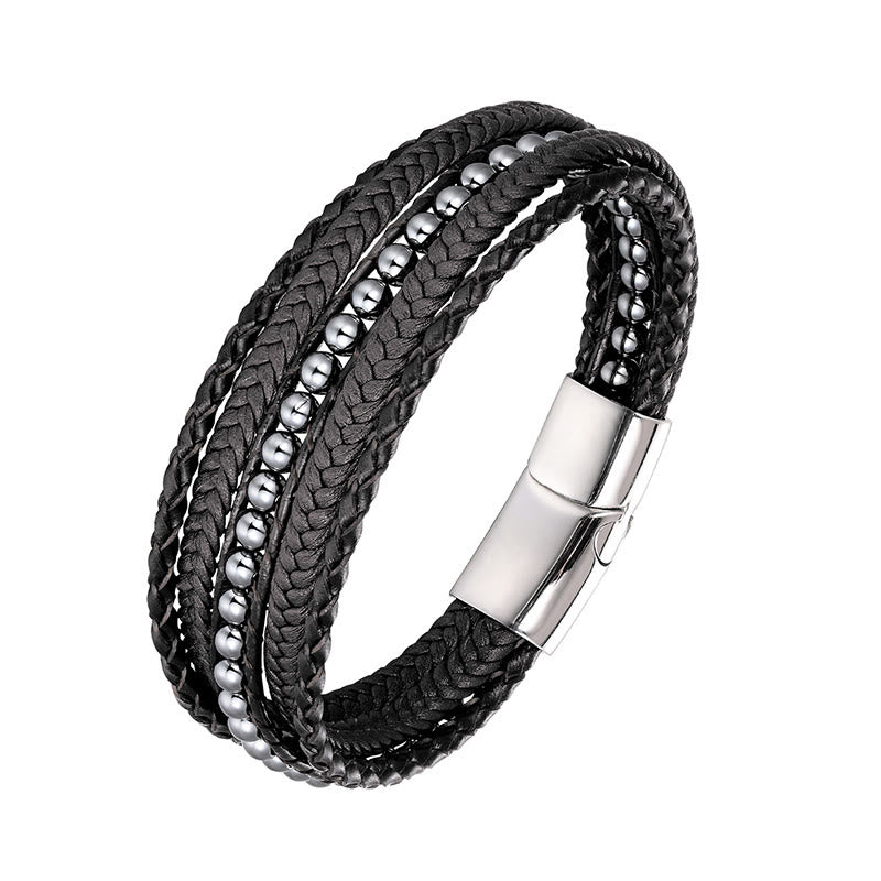 Pulsera de cuero reforzado con cuentas de amazonita, ágata india, hematita y Buddha Stones - Hebilla de plata y hematita - 18-22 cm - image 10