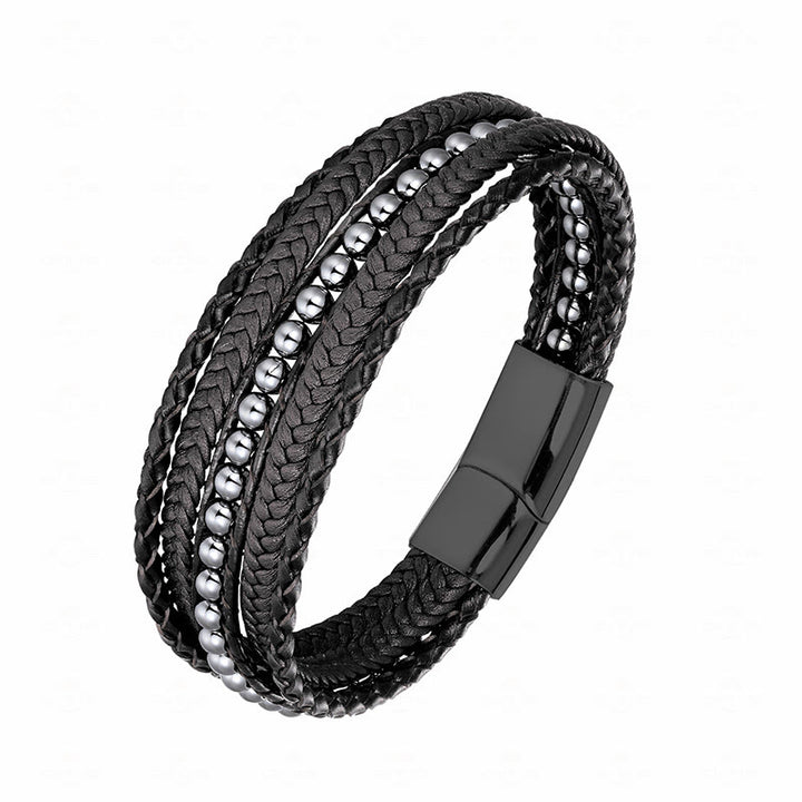 Pulsera de cuero reforzado con cuentas de amazonita, ágata india, hematita y Buddha Stones - Hebilla negra de hematita - 18-22 cm - image 0