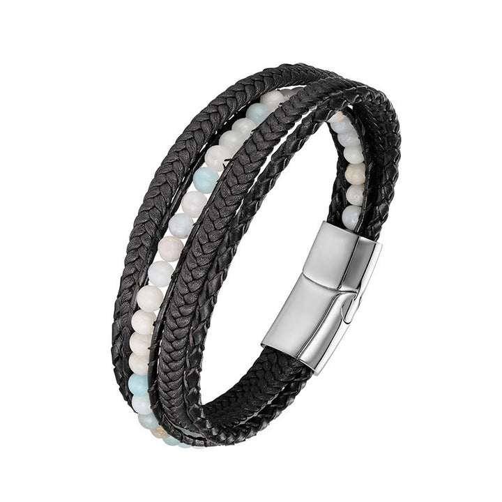 Pulsera de cuero reforzado con cuentas de amazonita, ágata india, hematita y Buddha Stones - Hebilla de plata de amazonita - 18-22 cm - image 8