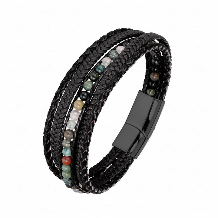 Pulsera de cuero reforzado con cuentas de amazonita, ágata india, hematita y Buddha Stones - Hebilla negra de ágata india - 18-22 cm - image 22