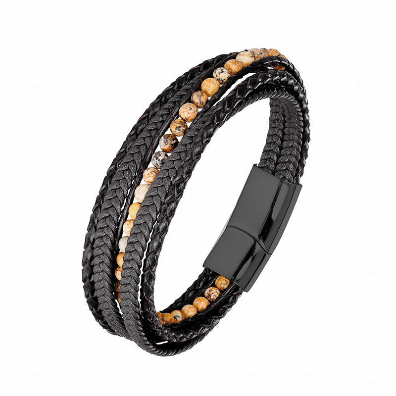 Pulsera de cuero reforzado con cuentas de amazonita, ágata india, hematita y Buddha Stones - Hebilla negra de jaspe con imagen - 18-22 cm - image 19