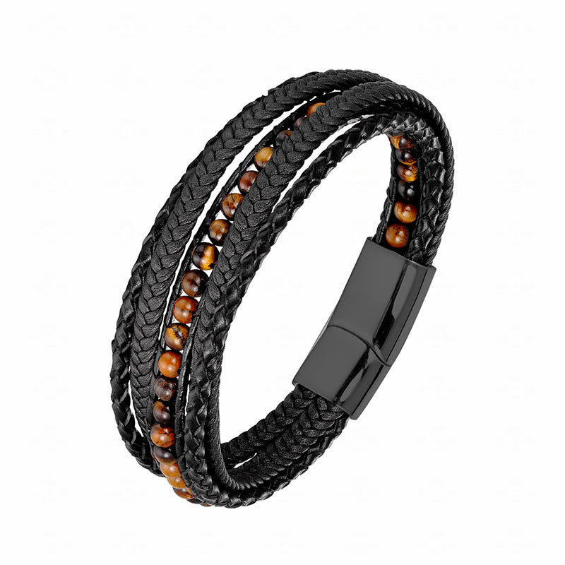 Pulsera de cuero reforzado con cuentas de amazonita, ágata india, hematita y Buddha Stones - Hebilla negra de ojo de tigre - 18-22 cm - image 20