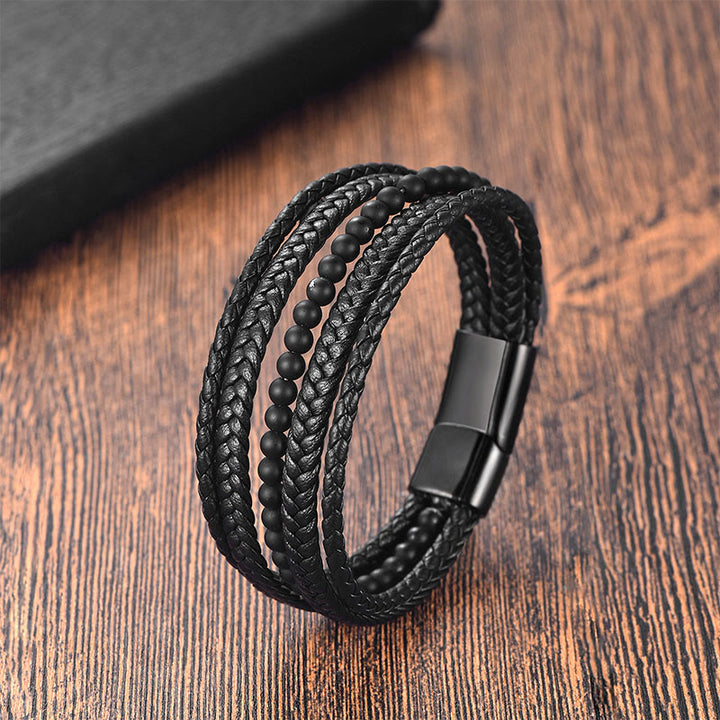 Pulsera trenzada multicapa de cuero de ónix negro mate con Buddha Stones y escarcha - Ónix negro (circunferencia de la muñeca: 18-20 cm) - image 0