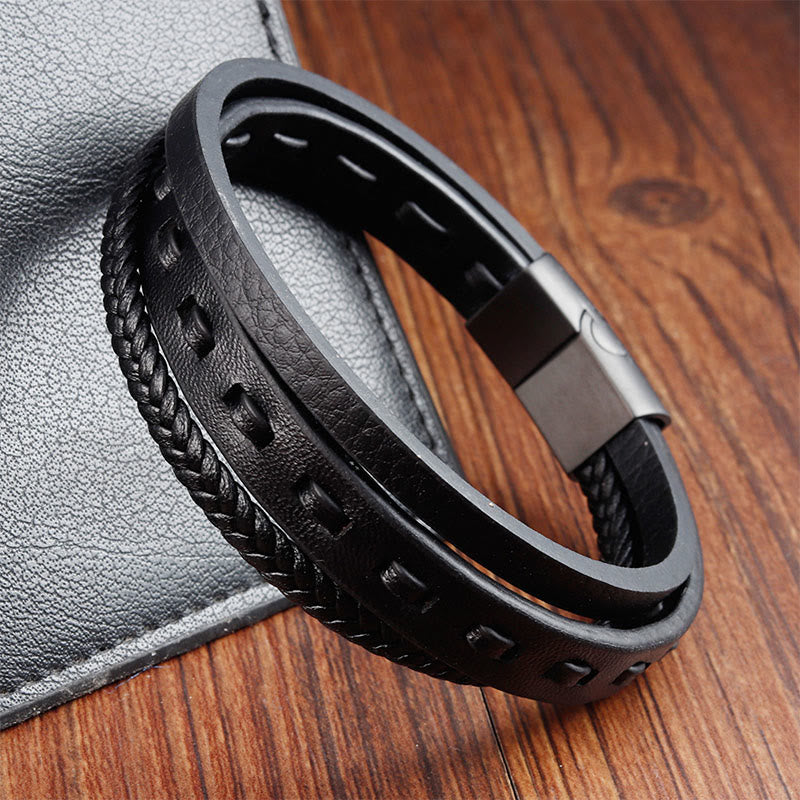 Pulsera de cuero trenzado multicapa con hebilla de acero y titanio y Buddha Stones - image 2