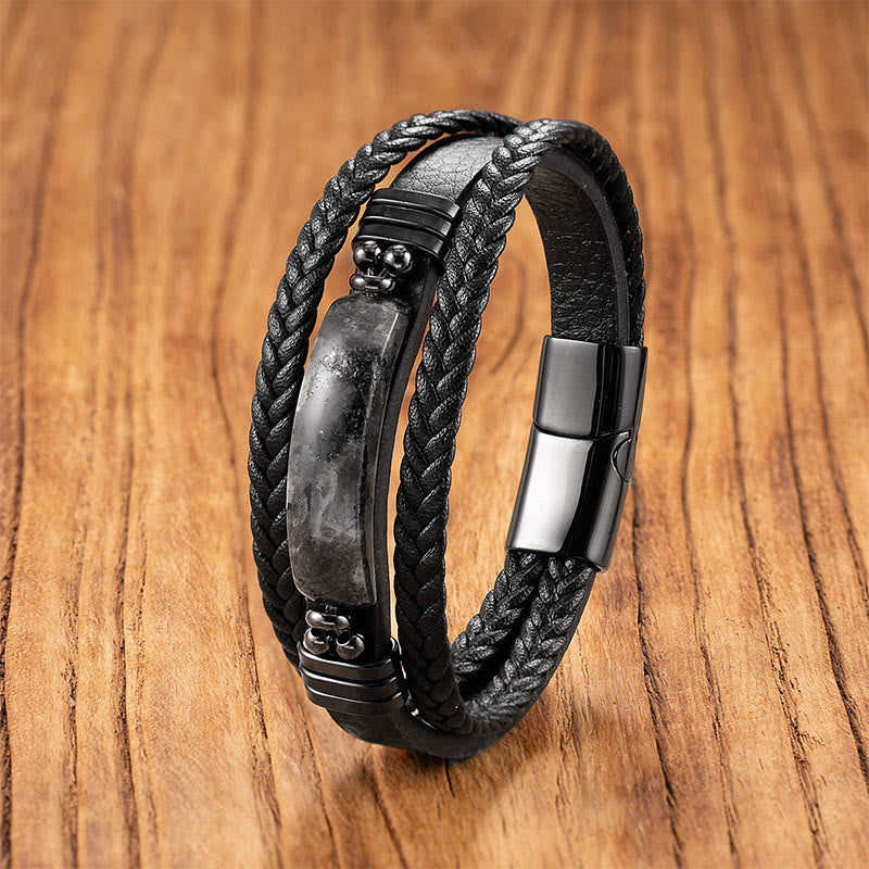 Pulsera reforzada de cuero, acero y titanio con Buddha Stones, hematita, lazurita, piedra brillante negra y cristal rosa. - Piedra negra brillante - 18-22 cm - image 5