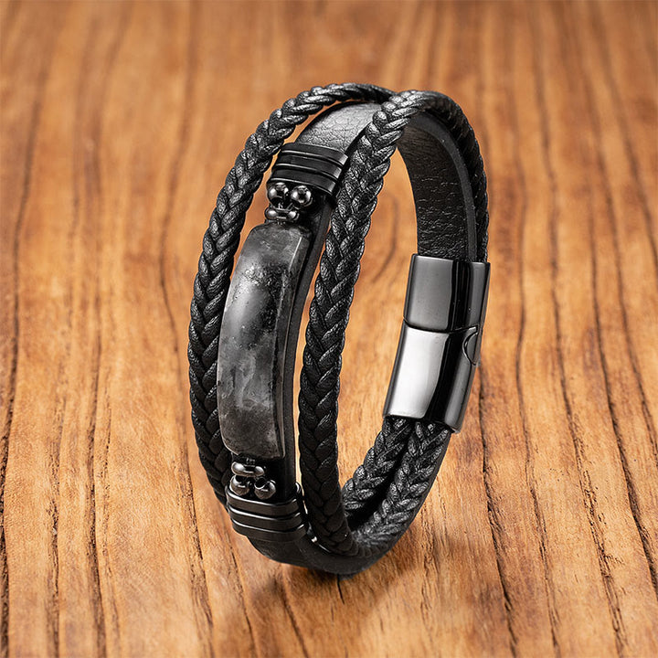 Pulsera reforzada de cuero, acero y titanio con Buddha Stones, hematita, lazurita, piedra brillante negra y cristal rosa. - Piedra negra brillante - 18-22 cm - image 5